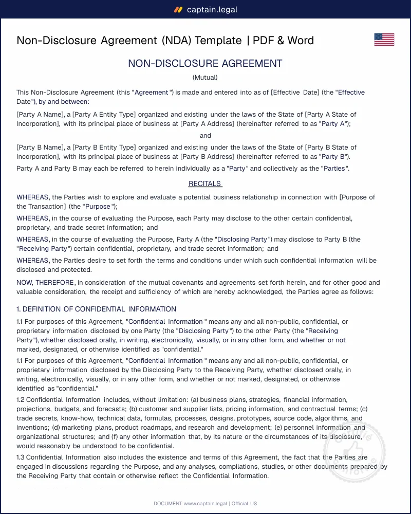 Non-Disclosure Agreement (NDA) Template | PDF & Word Download