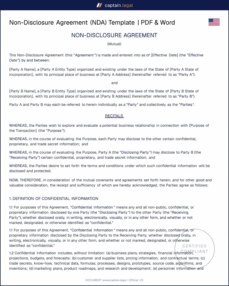 Non-Disclosure Agreement (NDA) Template | PDF & Word Download