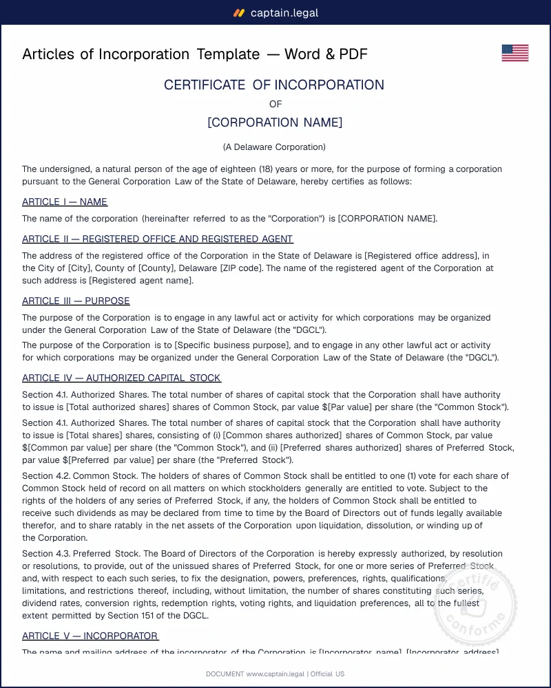 Articles of Incorporation Template — Word & PDF