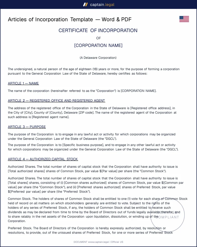 Articles of Incorporation Template — Word & PDF