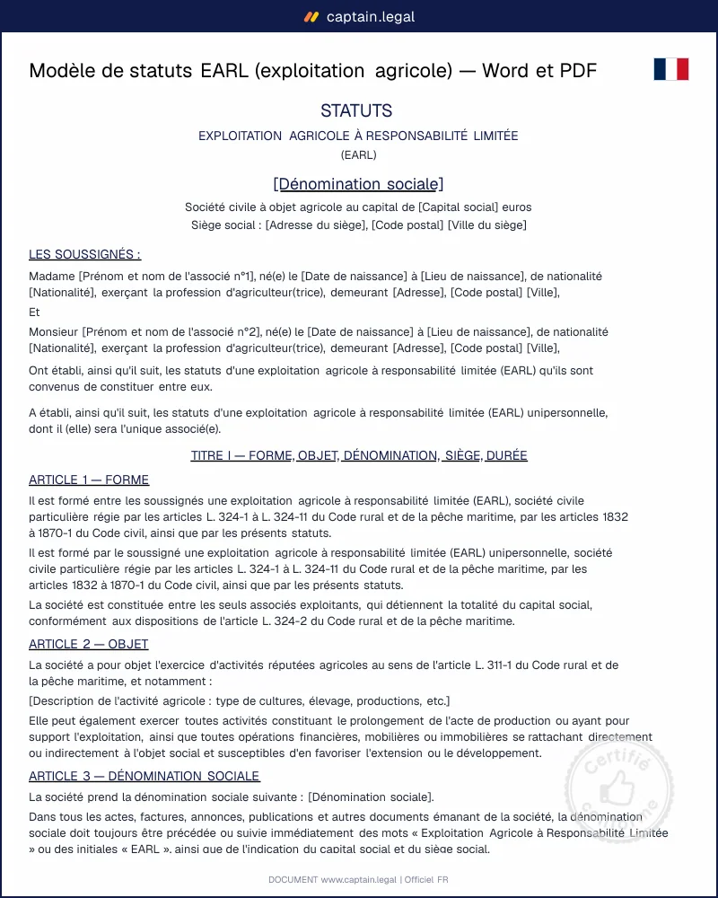 Statuts EARL : modèle Word et PDF à personnaliser en ligne