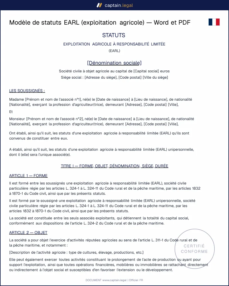 Statuts EARL : modèle Word et PDF à personnaliser en ligne