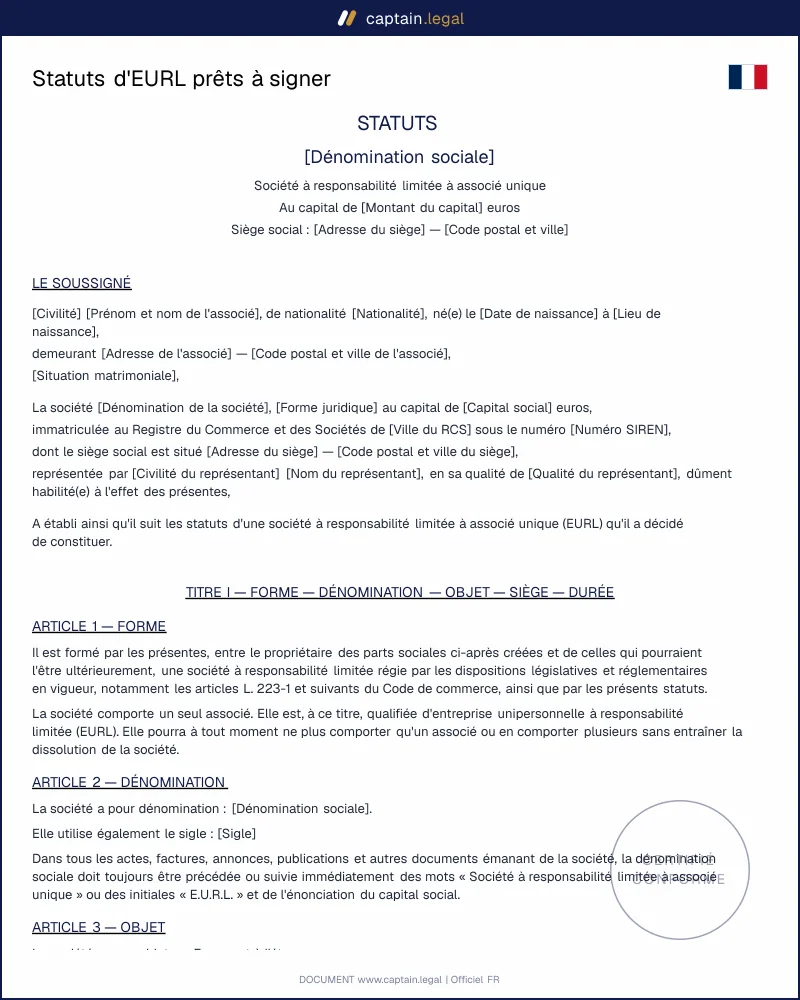 Modèle de statuts d'EURL à personnaliser — Word et PDF