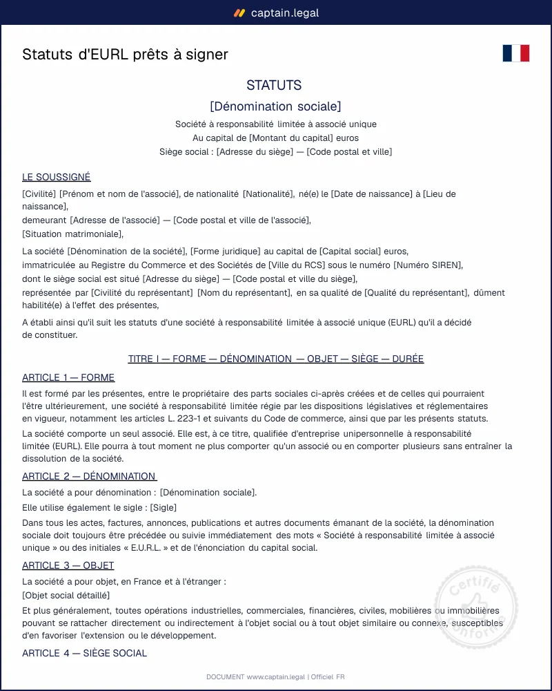 Modèle de statuts d'EURL à personnaliser — Word et PDF