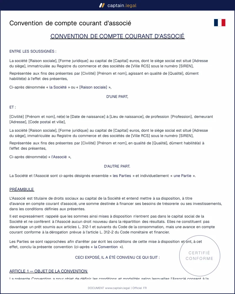Convention de compte courant d'associé : modèle Word & PDF
