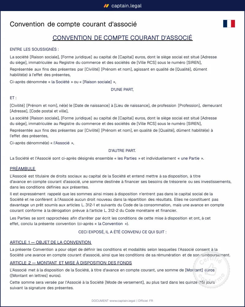 Convention de compte courant d'associé : modèle Word & PDF