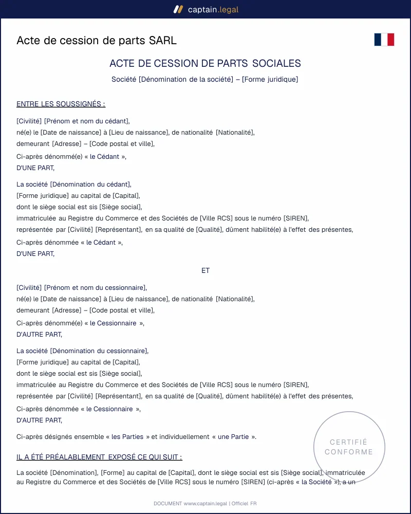 Acte de cession de parts SARL : modèle Word et PDF