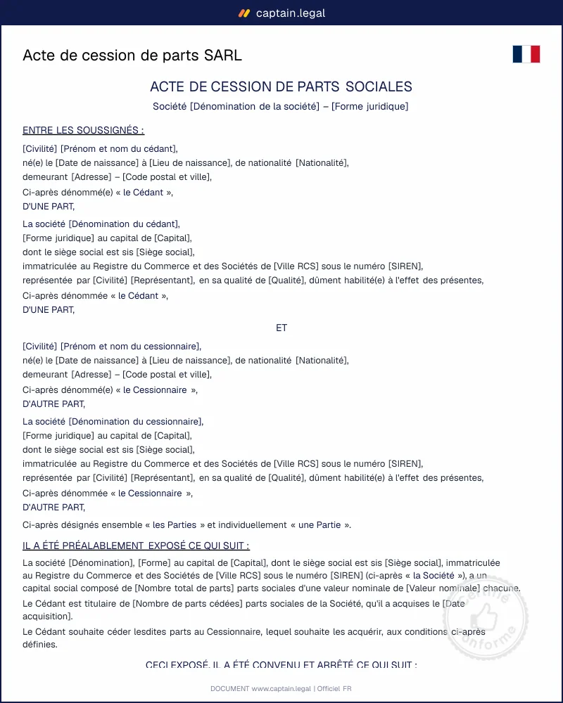 Acte de cession de parts SARL : modèle Word et PDF