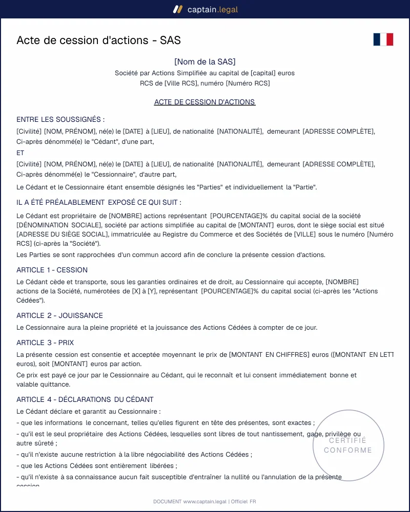 Modèle d'acte de cession d'actions SAS - PDF et Word