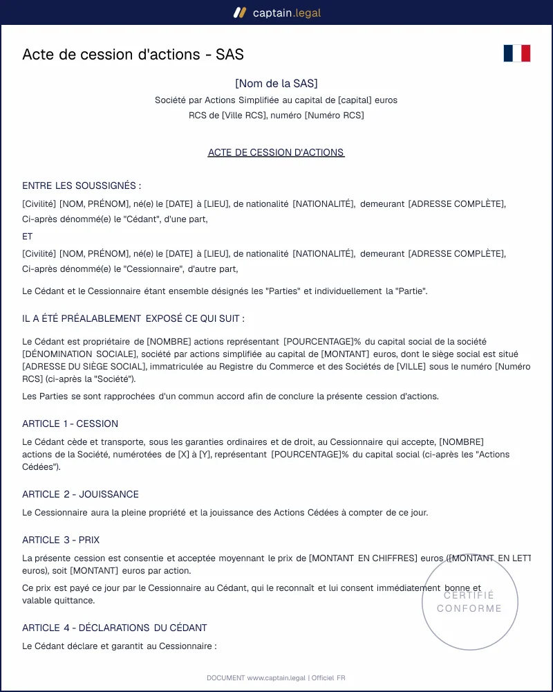 Modèle d'acte de cession d'actions SAS - PDF et Word