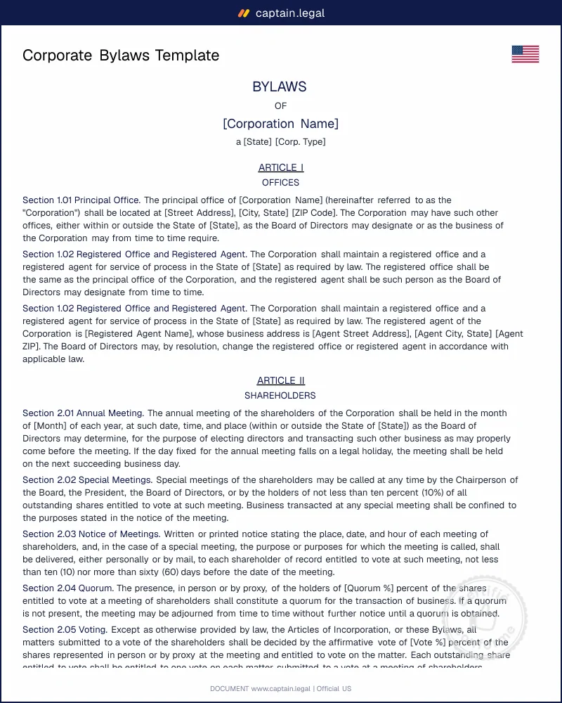 Corporate Bylaws Template — Word & PDF