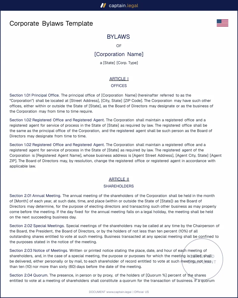 Corporate Bylaws Template — Word & PDF