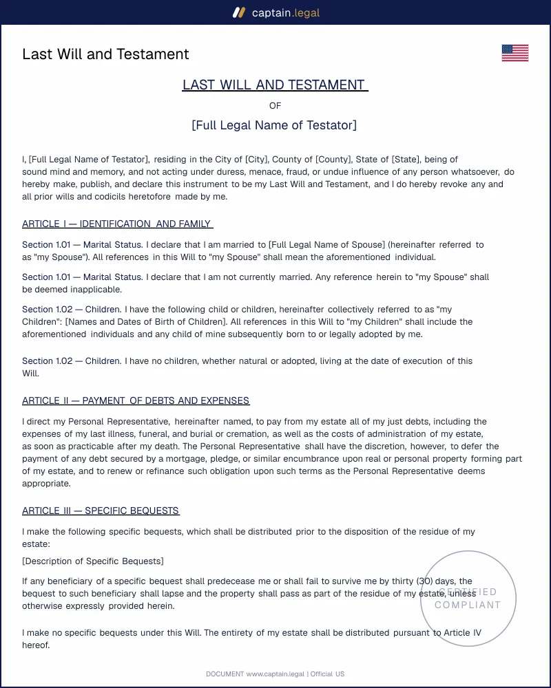 Last Will and Testament Template — All 50 States
