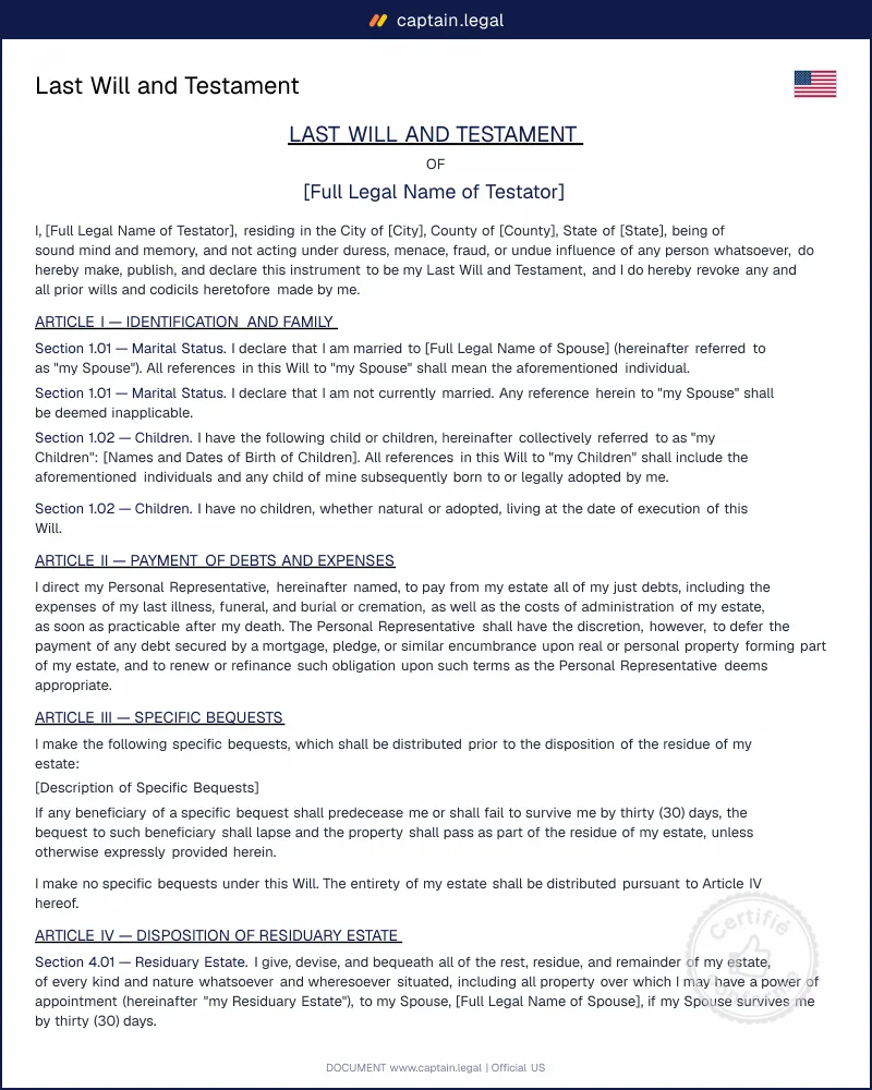 Last Will and Testament Template — All 50 States