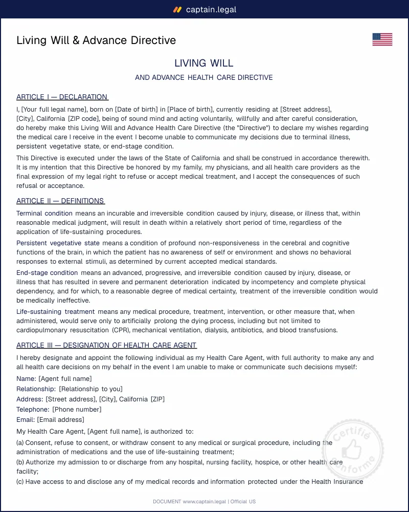 Living Will & Advance Directive Template | Word & PDF Download