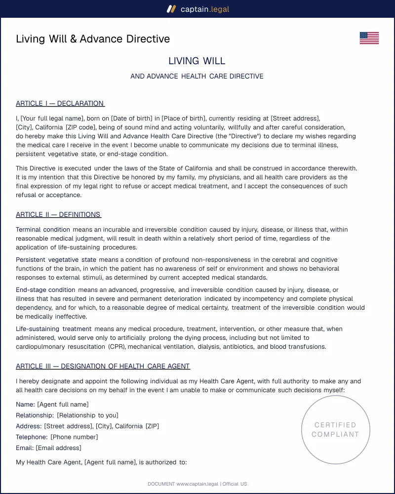 Living Will & Advance Directive Template | Word & PDF Download