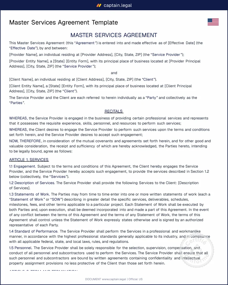 Service Agreement / Master Services Agreement (MSA)