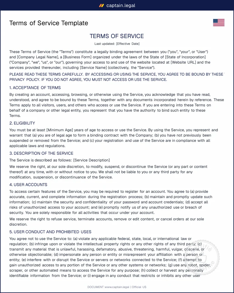 Terms of Service Template (US) | Word & PDF