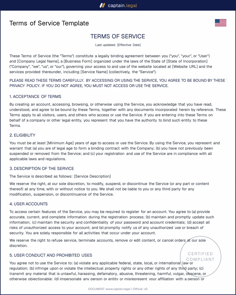 Terms of Service Template (US) | Word & PDF