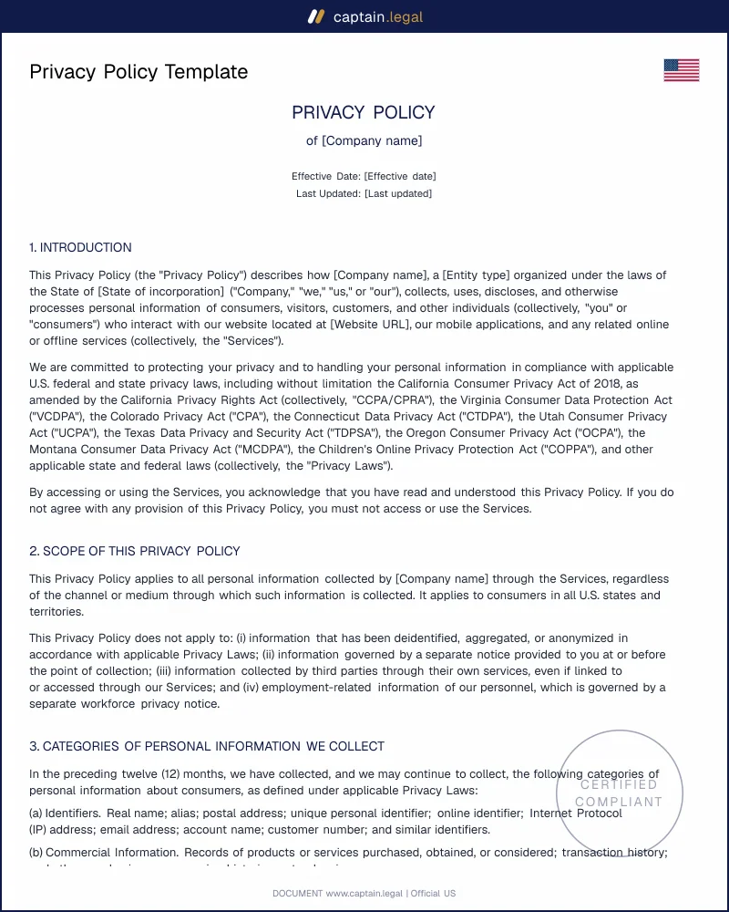 Privacy Policy Template — CCPA, CPRA & 20-State Compliant