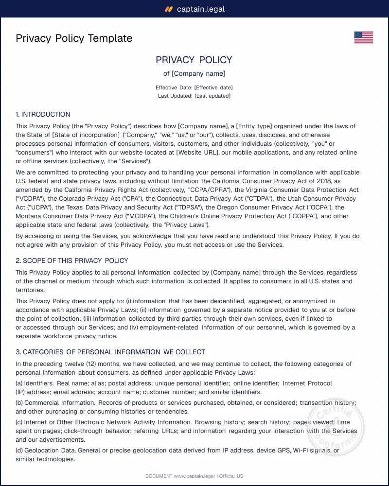 Privacy Policy Template — CCPA, CPRA & 20-State Compliant