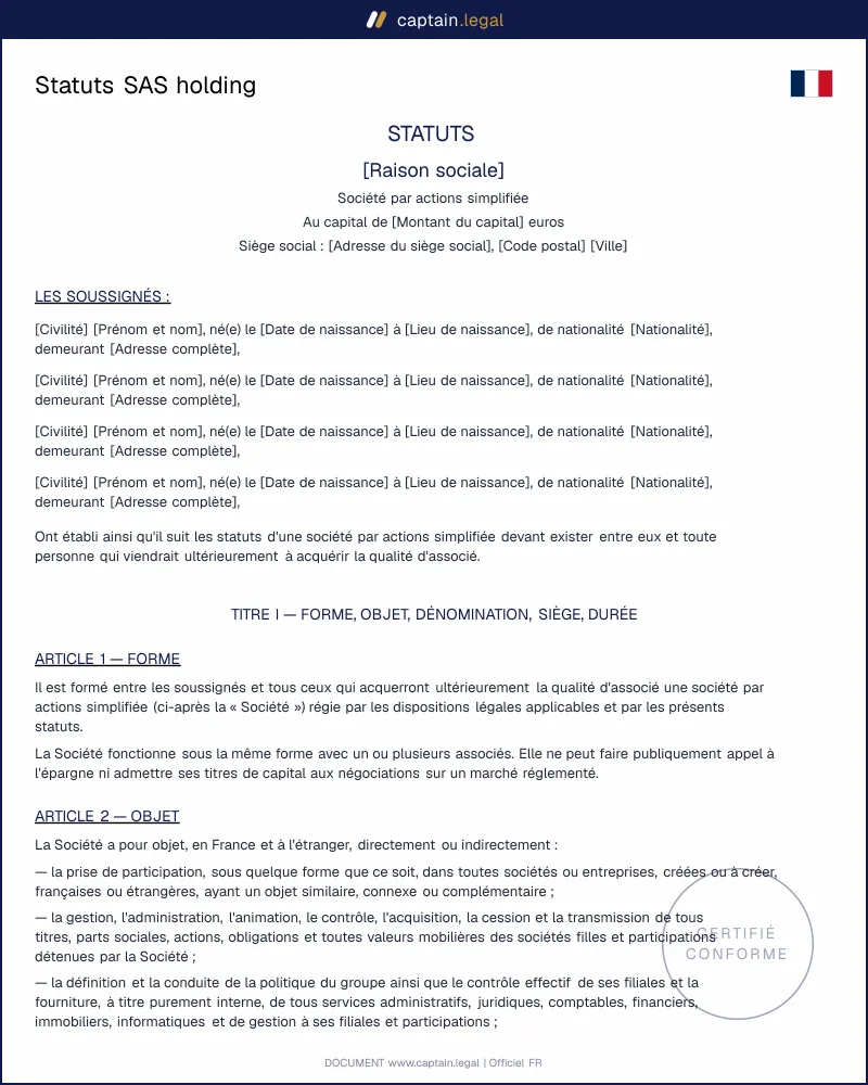 Statuts SAS holding : modèle conforme régime mère-fille