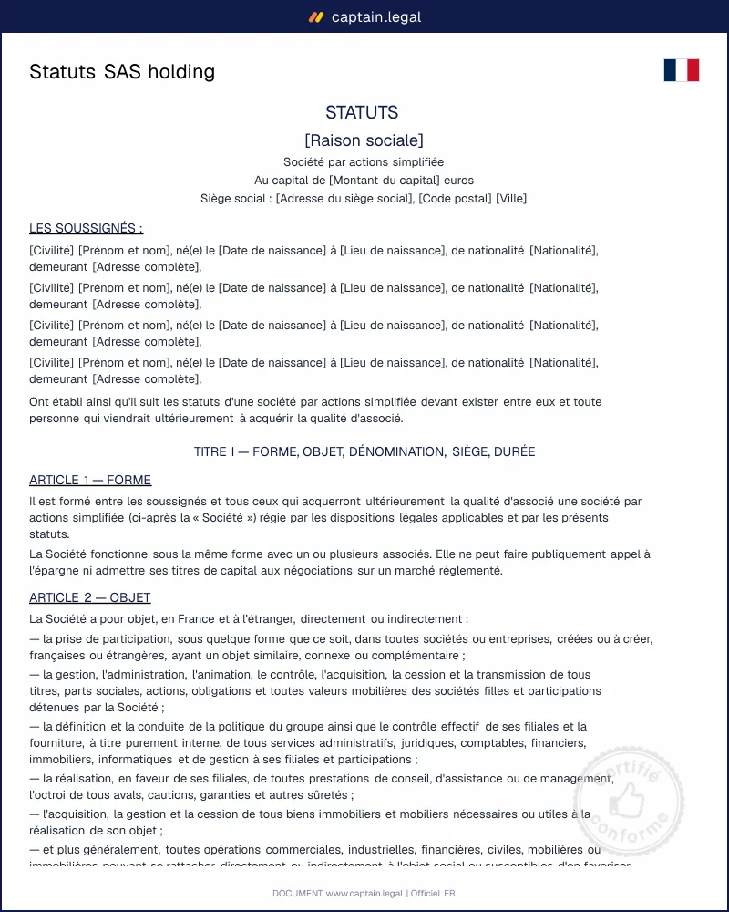 Statuts SAS holding : modèle conforme régime mère-fille