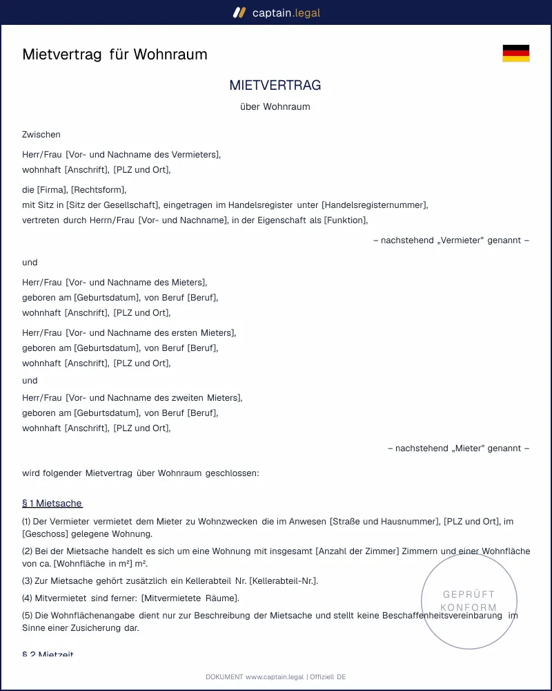 Mietvertrag für Wohnraum – unbefristet, §§ 535 ff. BGB
