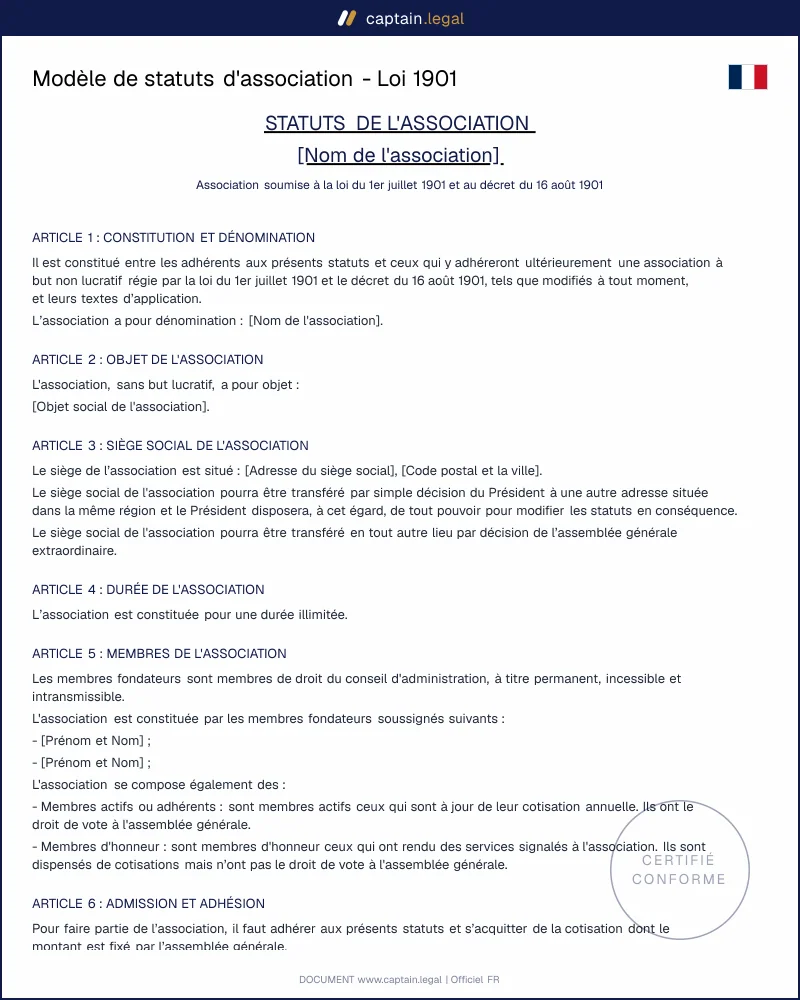 Modèle de statuts d'association à personnaliser - Loi 1901