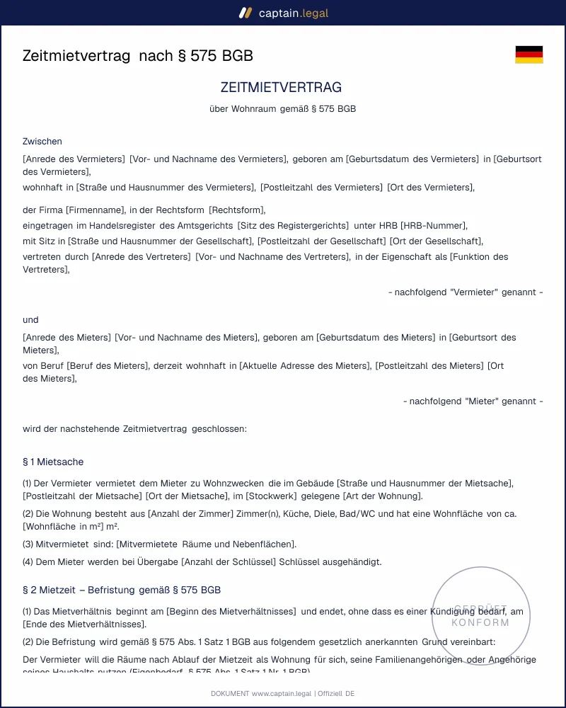 Zeitmietvertrag nach § 575 BGB: Vorlage als PDF & Word