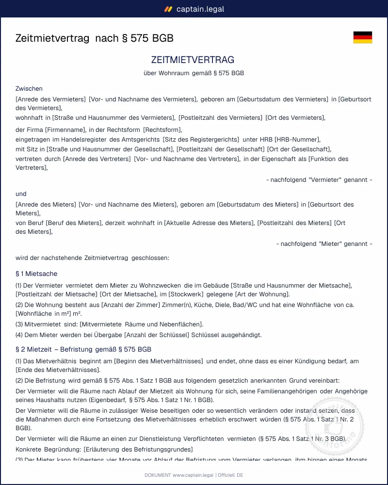 Zeitmietvertrag nach § 575 BGB: Vorlage als PDF & Word