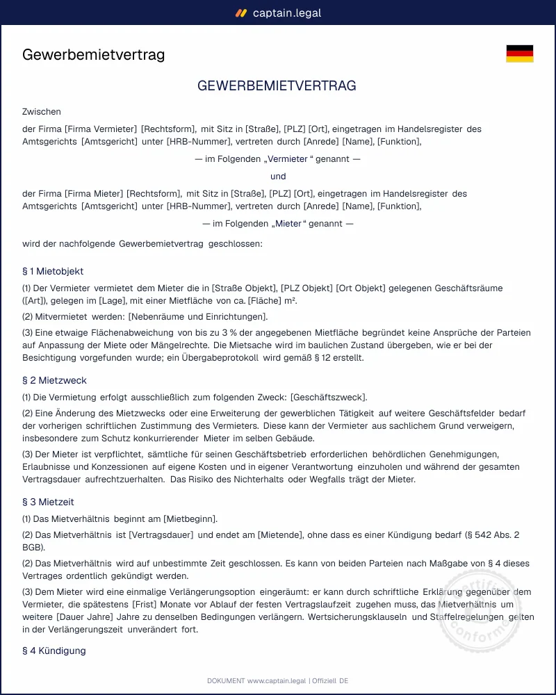 Gewerbemietvertrag: Vorlage als Word & PDF | §§ 535 ff. BGB