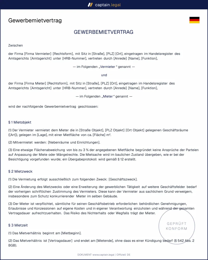 Gewerbemietvertrag: Vorlage als Word & PDF | §§ 535 ff. BGB