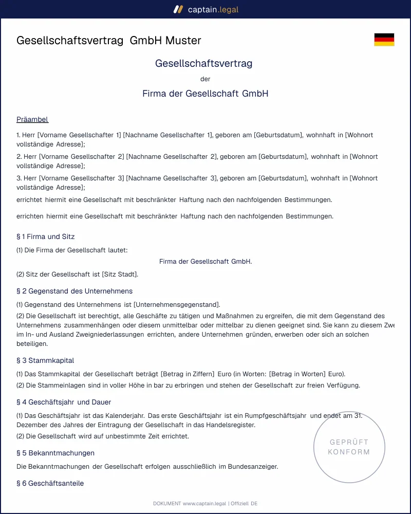 Gesellschaftsvertrag GmbH Muster | Vorlage Word & PDF
