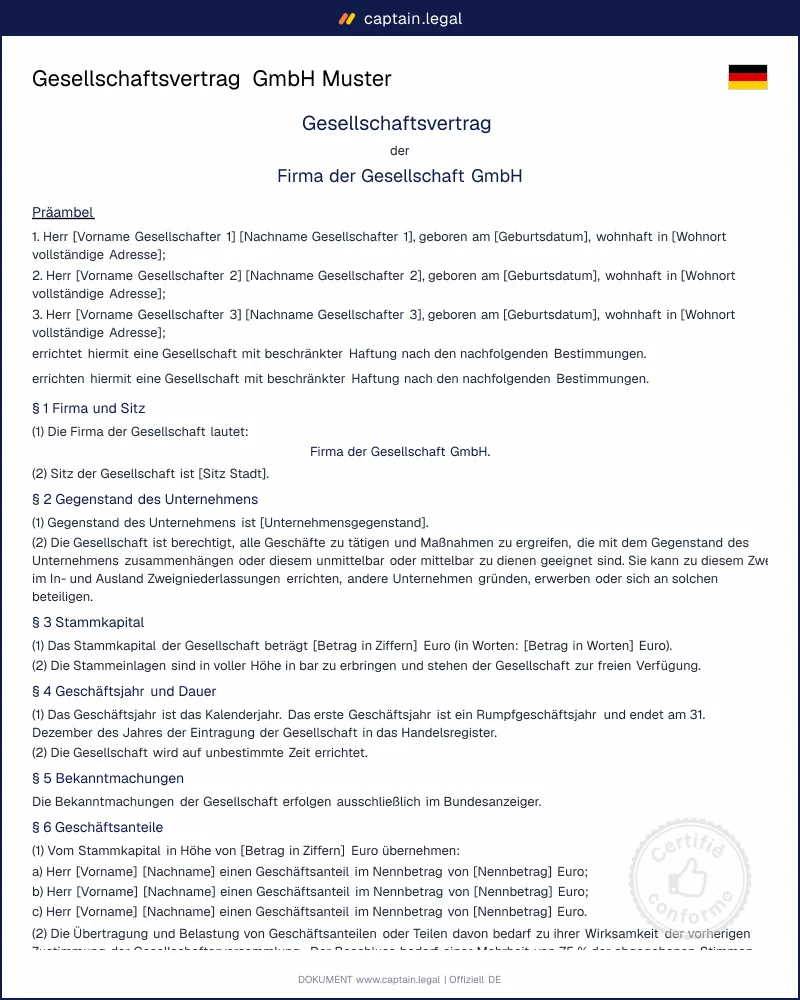 Gesellschaftsvertrag GmbH Muster | Vorlage Word & PDF