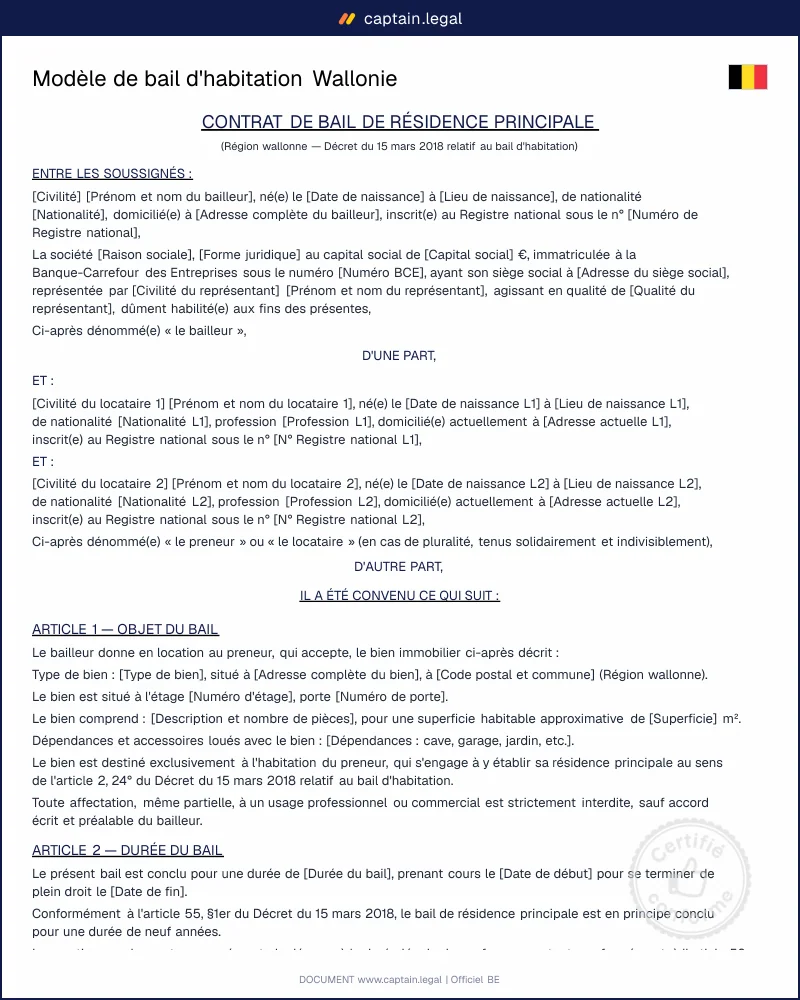 Modèle de bail d'habitation Wallonie (Word, PDF)
