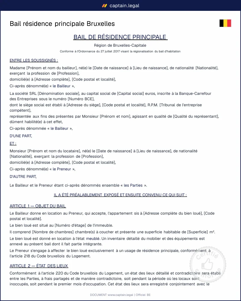 Bail résidence principale Bruxelles 2026 | Modèle Word PDF