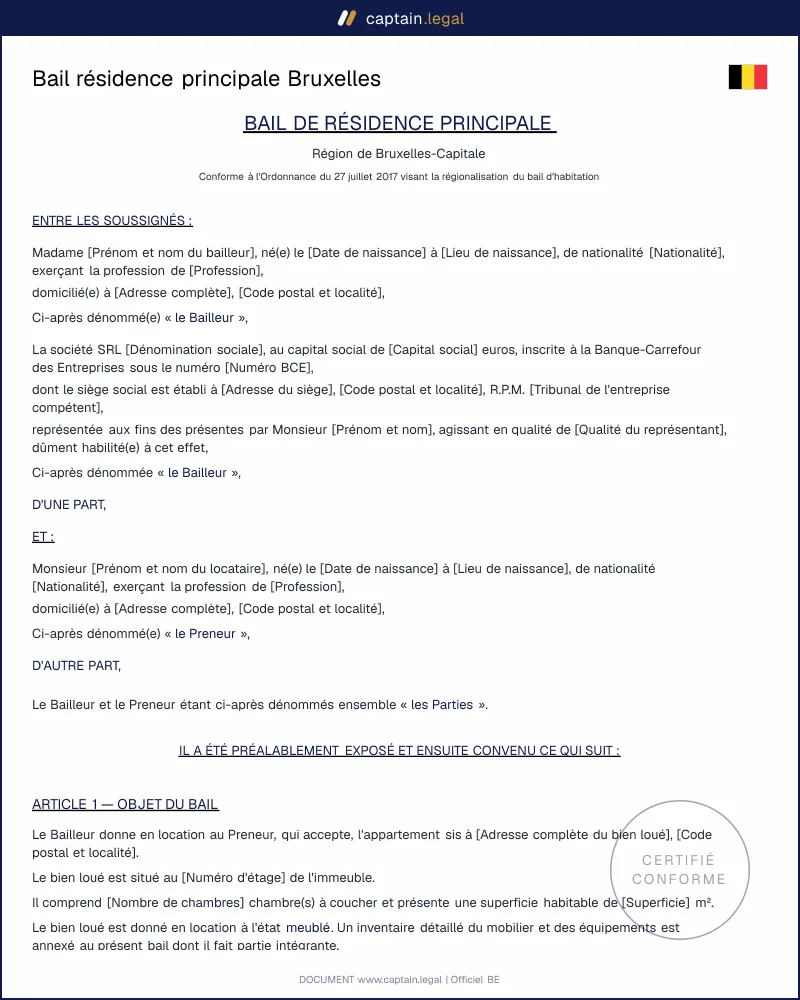 Bail résidence principale Bruxelles 2026 | Modèle Word PDF