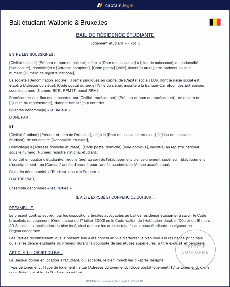 Bail étudiant Wallonie & Bruxelles : modèle Word/PDF 2026