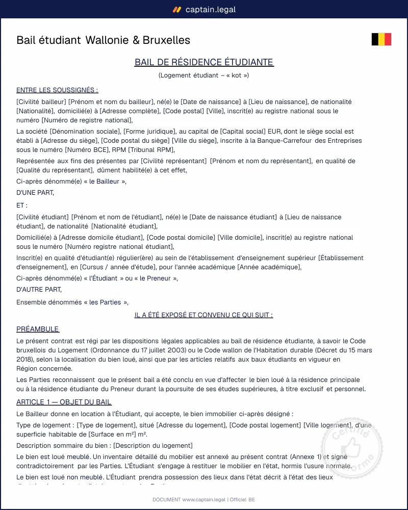 Bail étudiant Wallonie & Bruxelles : modèle Word/PDF 2026