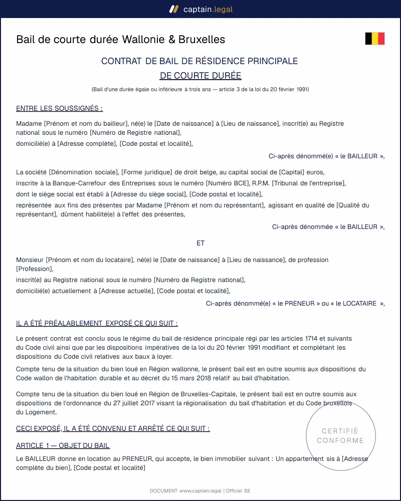 Bail de courte durée Wallonie & Bruxelles | Modèle Word PDF