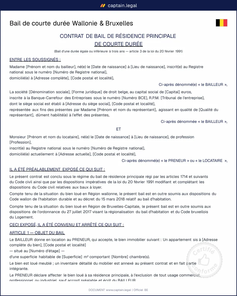 Bail de courte durée Wallonie & Bruxelles | Modèle Word PDF