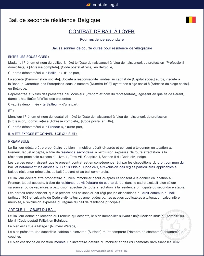 Bail de seconde résidence Belgique : modèle Word et PDF