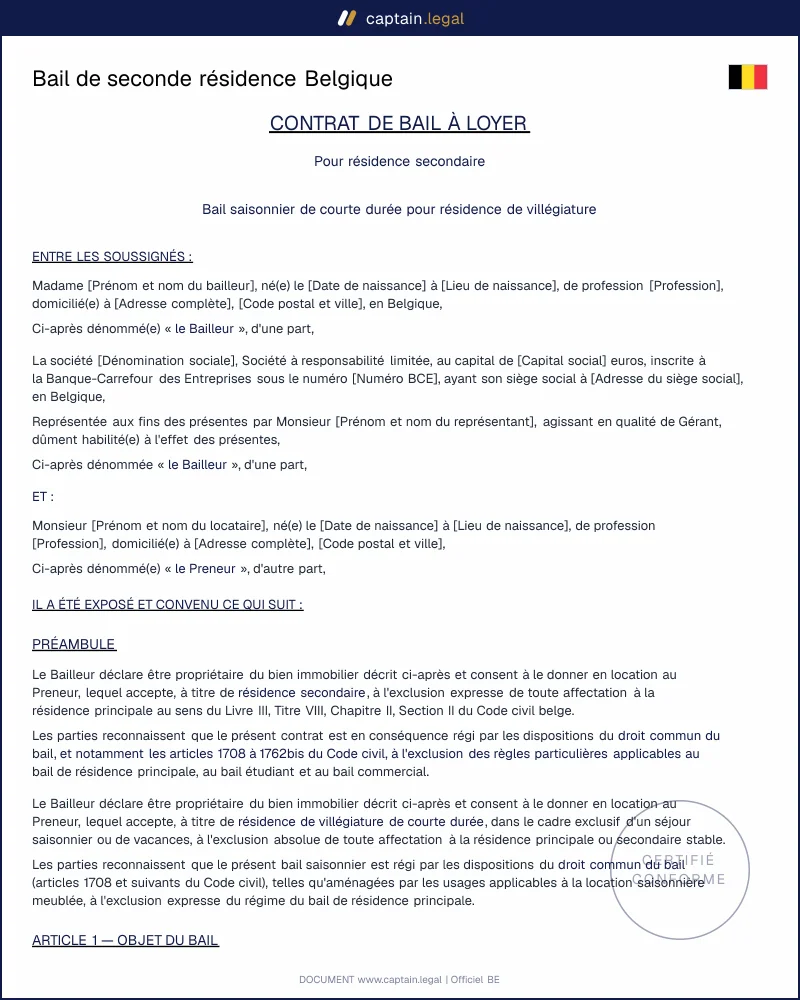 Bail de seconde résidence Belgique : modèle Word et PDF