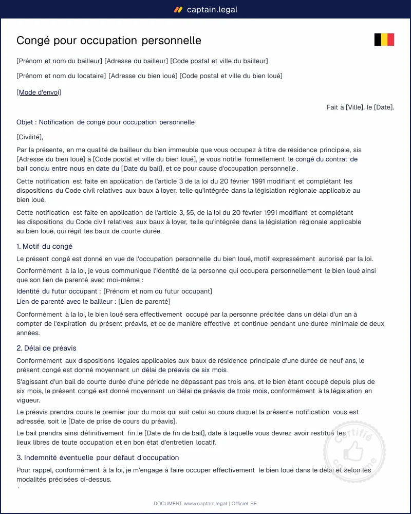 Congé pour occupation personnelle : modèle Wallonie & Bruxelles