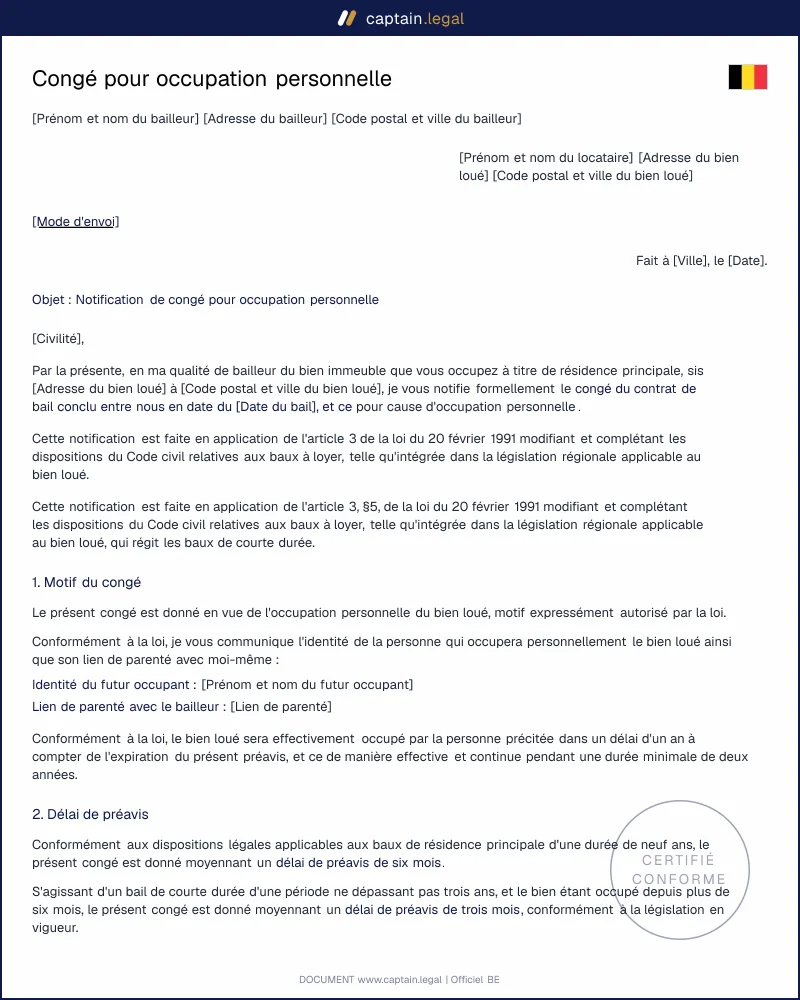 Congé pour occupation personnelle : modèle Wallonie & Bruxelles