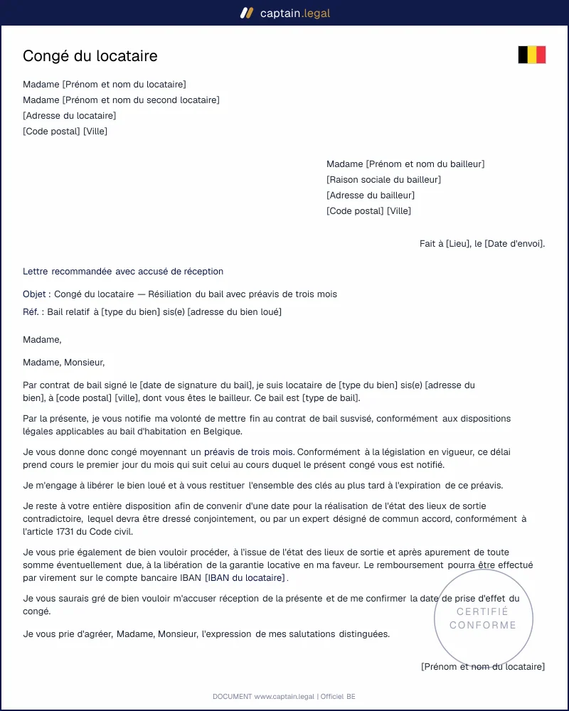 Congé du locataire (résiliation de bail) avec préavis 3 mois