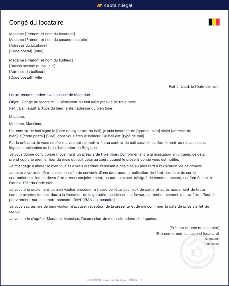 Congé du locataire (résiliation de bail) avec préavis 3 mois