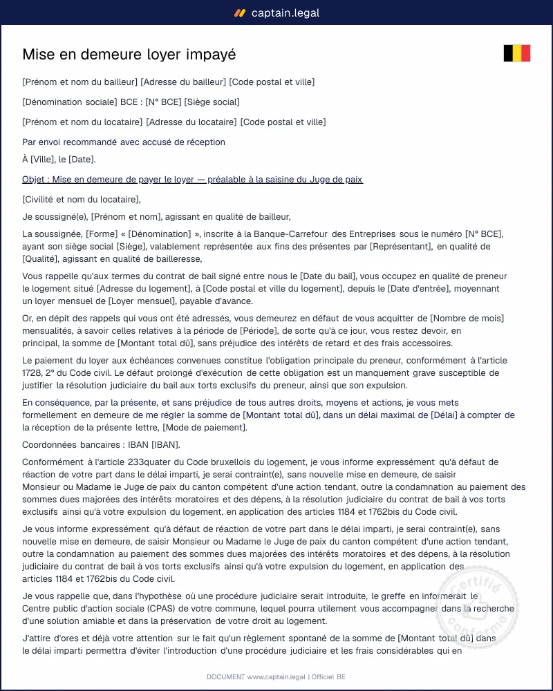 Mise en demeure loyer impayé Belgique : modèle Word & PDF