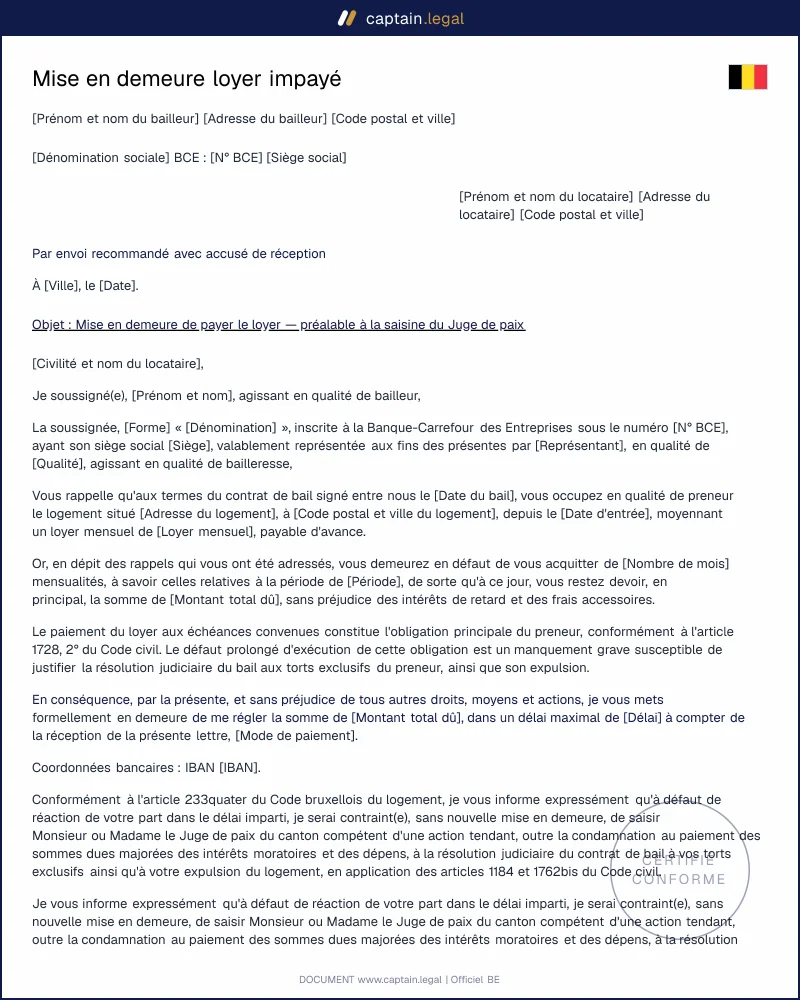 Mise en demeure loyer impayé Belgique : modèle Word & PDF